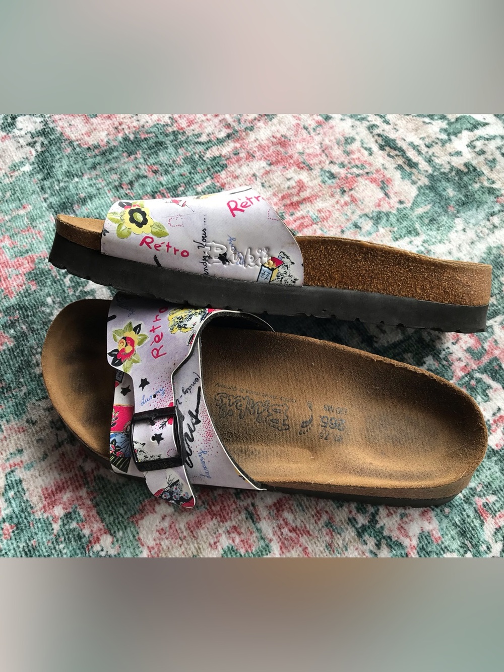 Birkenstock White Floral Retro Print Two-Buckle Slide Sandals